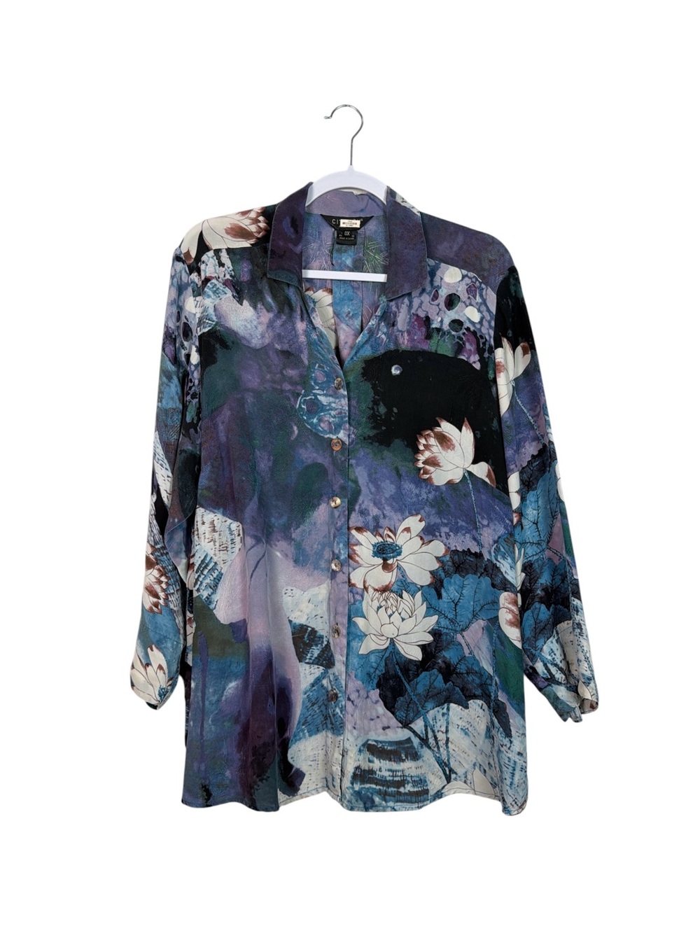 Citron 0X 100% Silk Floral Blouse Blue Purple Button Front Artwear Tunic